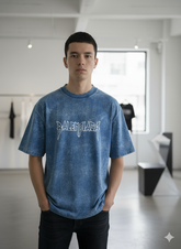 BALNCIG BLUE ACID WASH METAL LOGO BACK PRINTRD ROUND NECK  OVERSIZED T-SHIRT